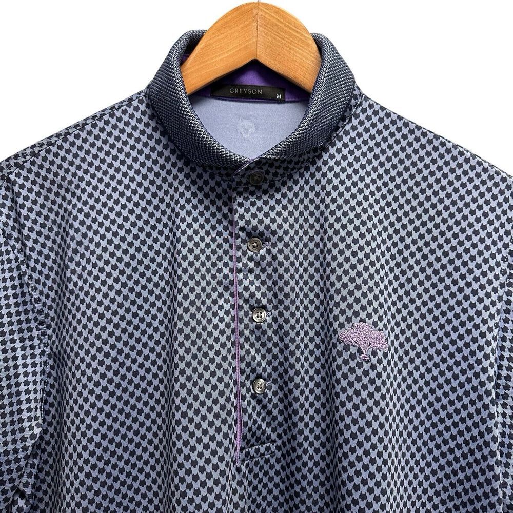 Greyson Mens Sz M Polo Shirt Blue/Purple AOP Wolf Print Grand Oaks Golf Club euc